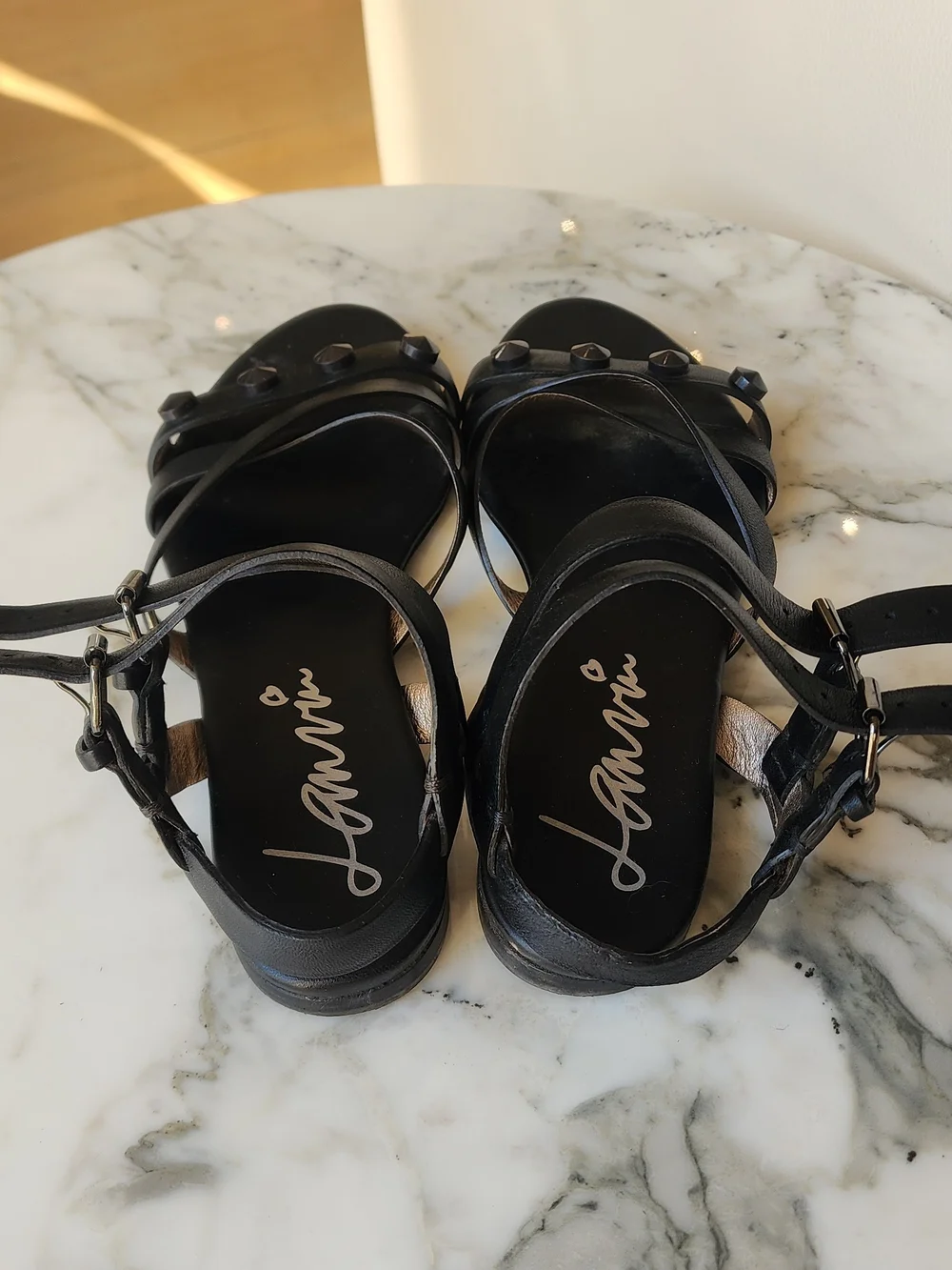 Lanvin Black Leather Studded Strappy Sandals with Ankle Buckles Size 37